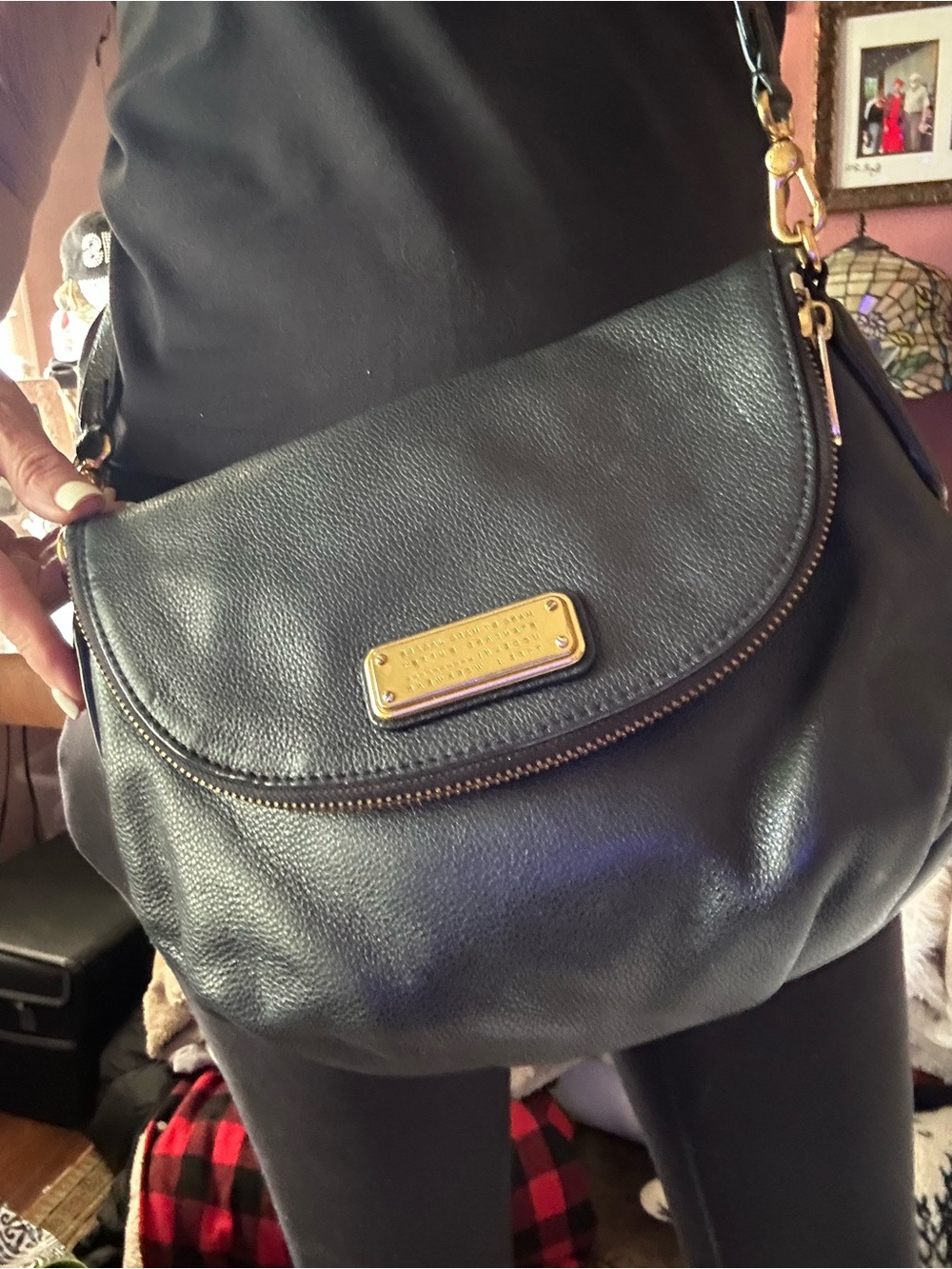 Black Leather Crossbody Saddle Bag with Gold Hardware